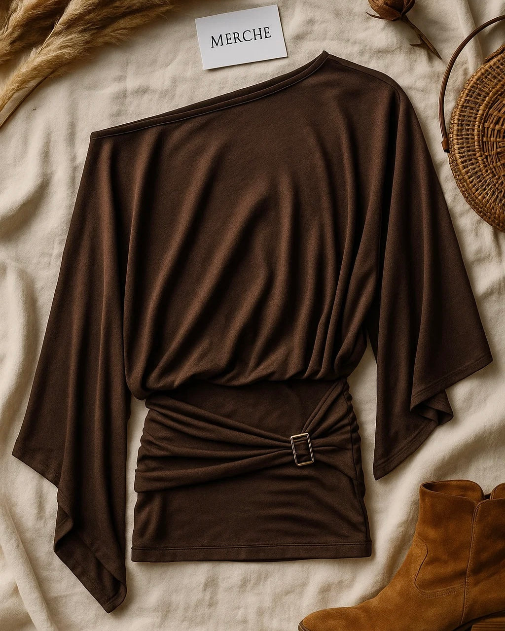 SCENE STEALER BROWN OFF-SHOULDER DRESS