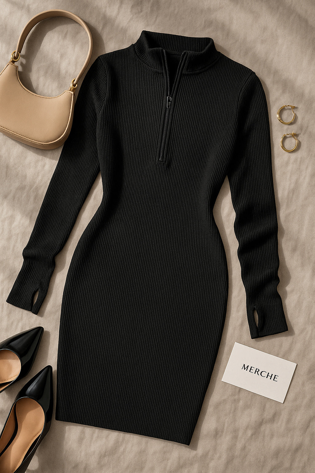 PERFECTLY YOU RIBBED BODYCON BLACK DRESS