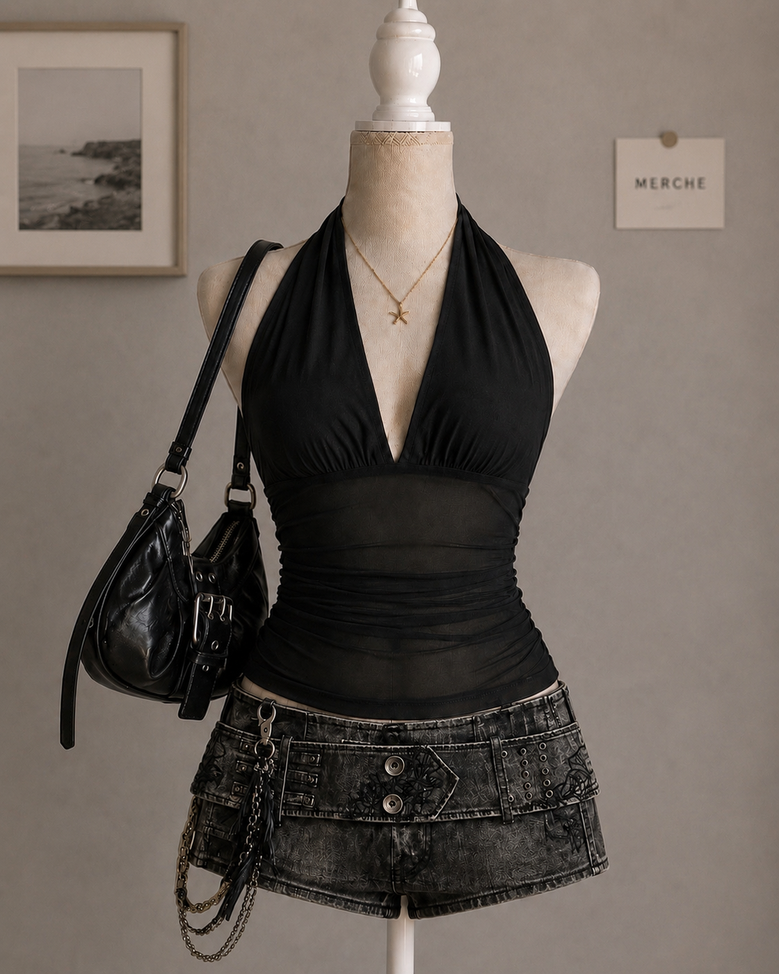 TOAST TO ME MESH DETAIL BLACK HALTERNECK TOP