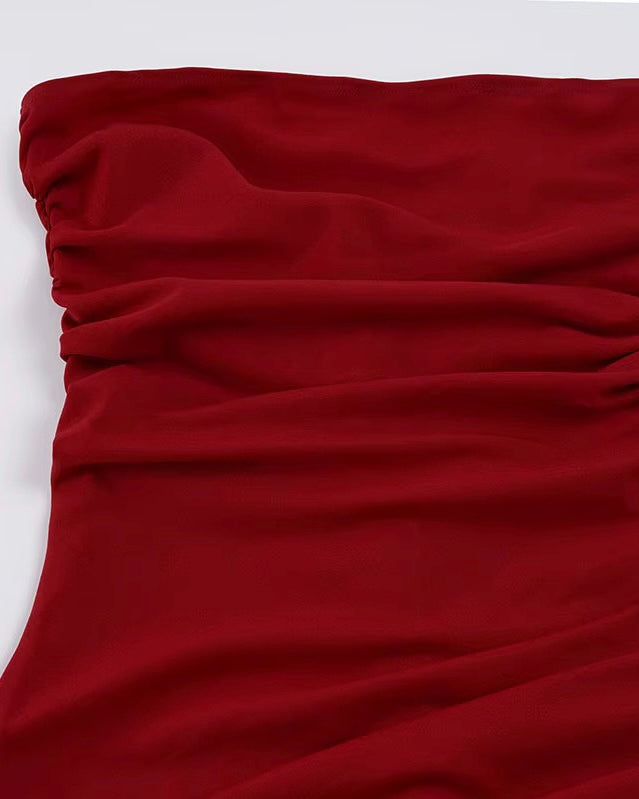 BLOOD MOON LUXE RED STRAPLESS MAXI DRESS