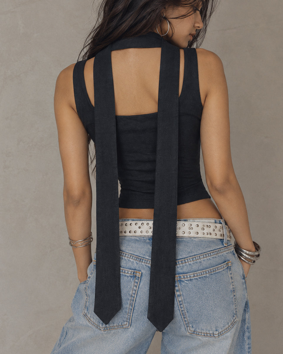 CALL ME ACE FAUX DENIM PENCIL SCARF DETAIL BUSTIER TOP