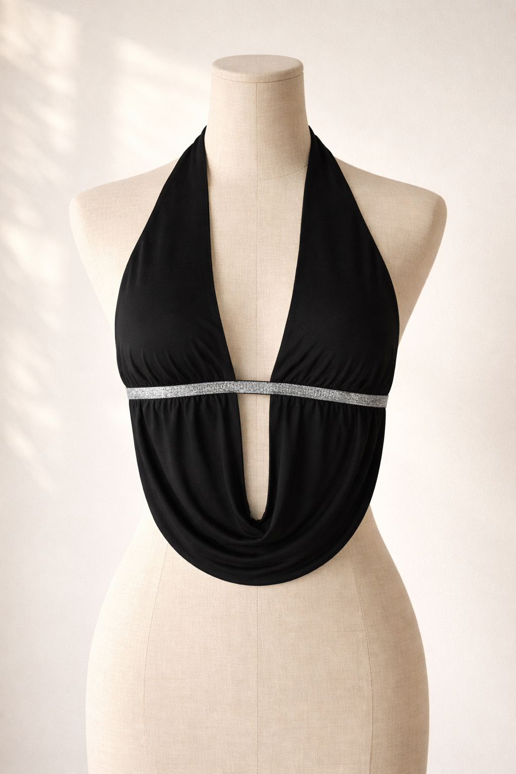 VIRAL MOMENT BACKLESS COWL SILVER STRAP HALTERNECK TOP