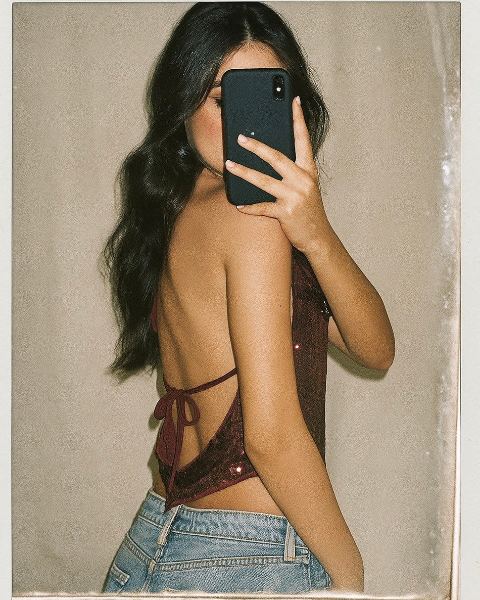 SLAY O CLOCK LUXE SEQUIN EMBELLISHED HALTERNECK TOP