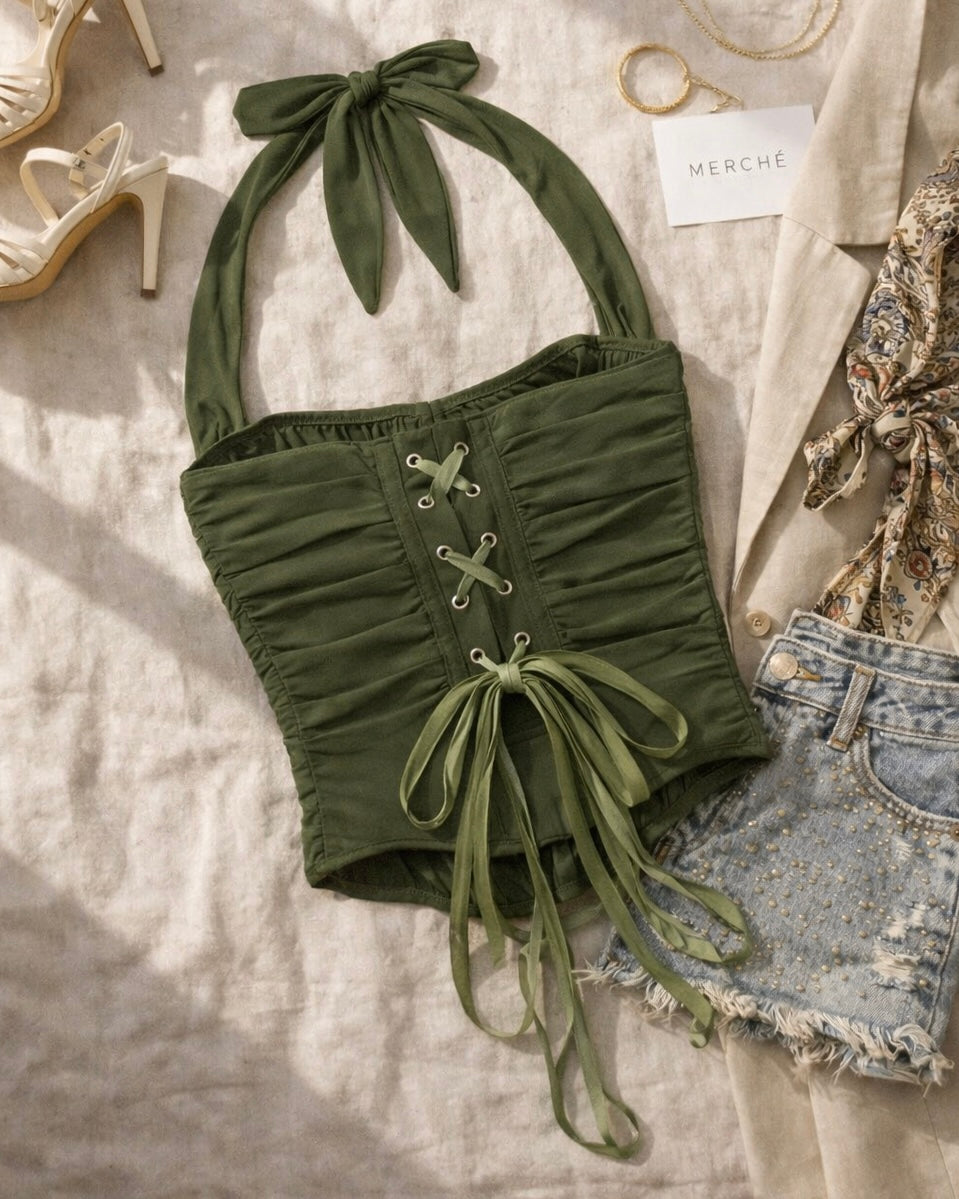 BEFORE HE CHEATS BONING GREEN HALTERNECK CORSET