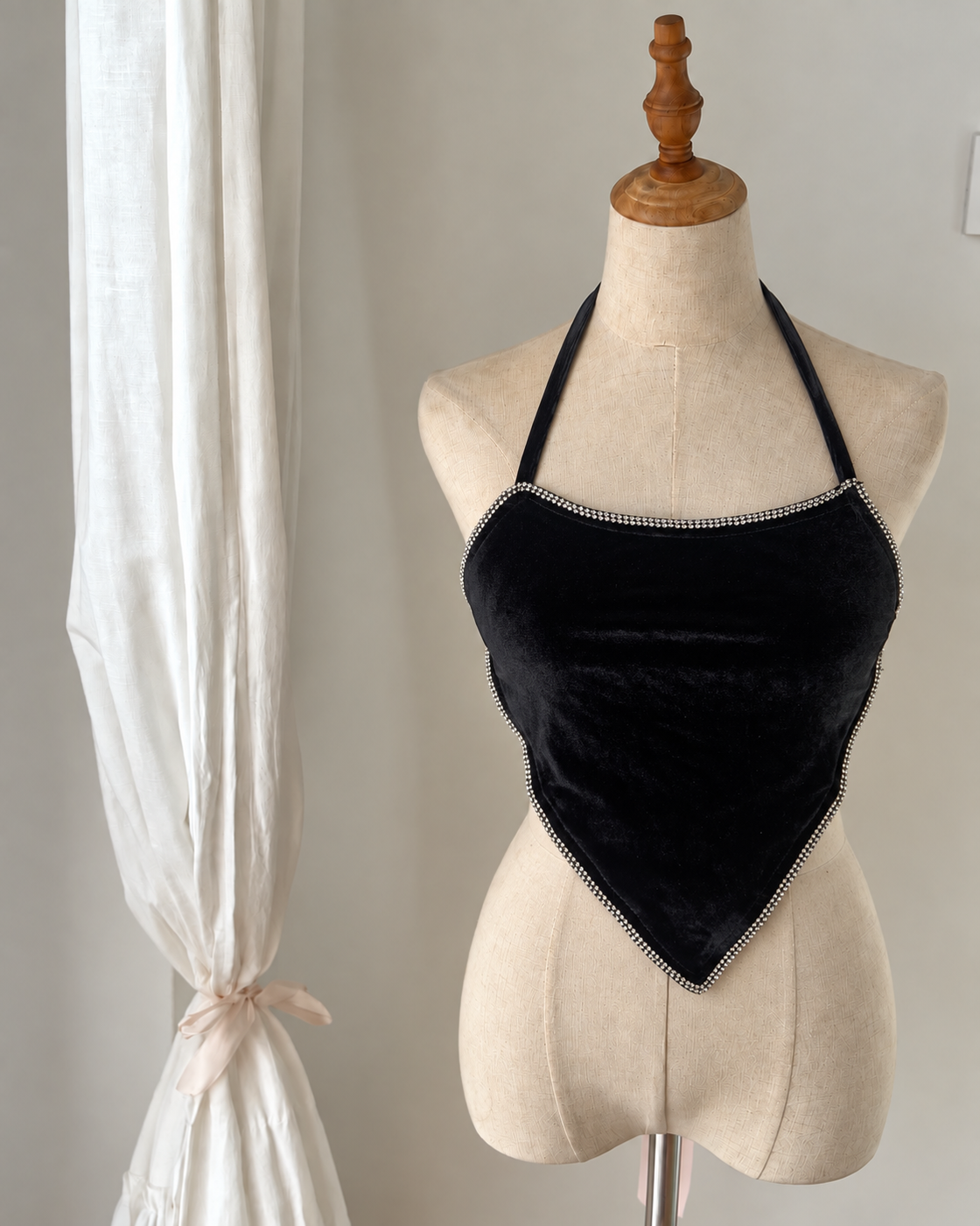 OLD MONEY VELVET RHINESTONE BLACK HALTER TOP