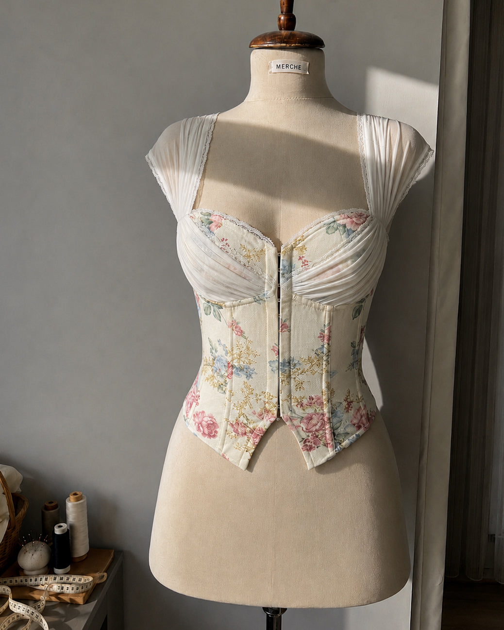 KISS THE RING MESH PLEATED CORSETED FLORAL TOP