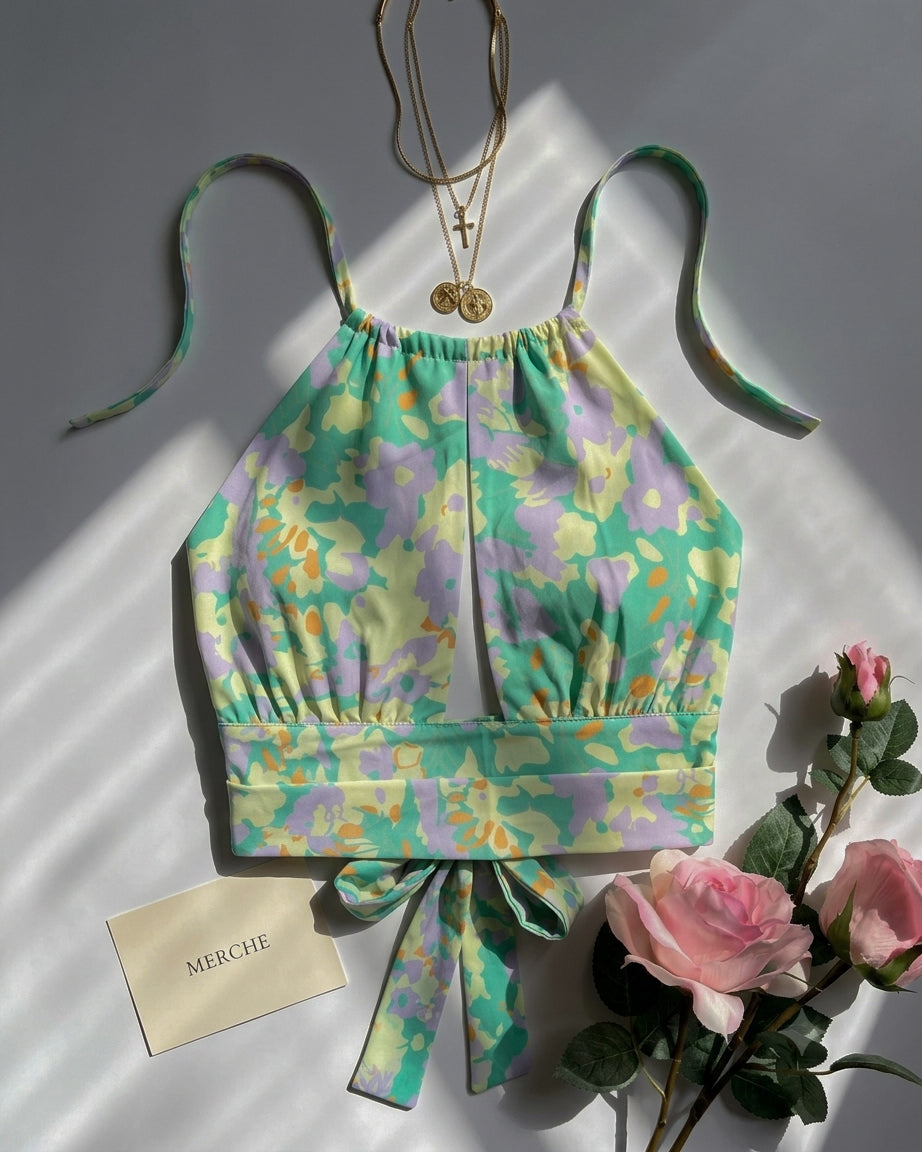 TROPIC LIKE ITS HOT FRONT CUT-OUT BOW BACK ABSTRACT PRINT TOP