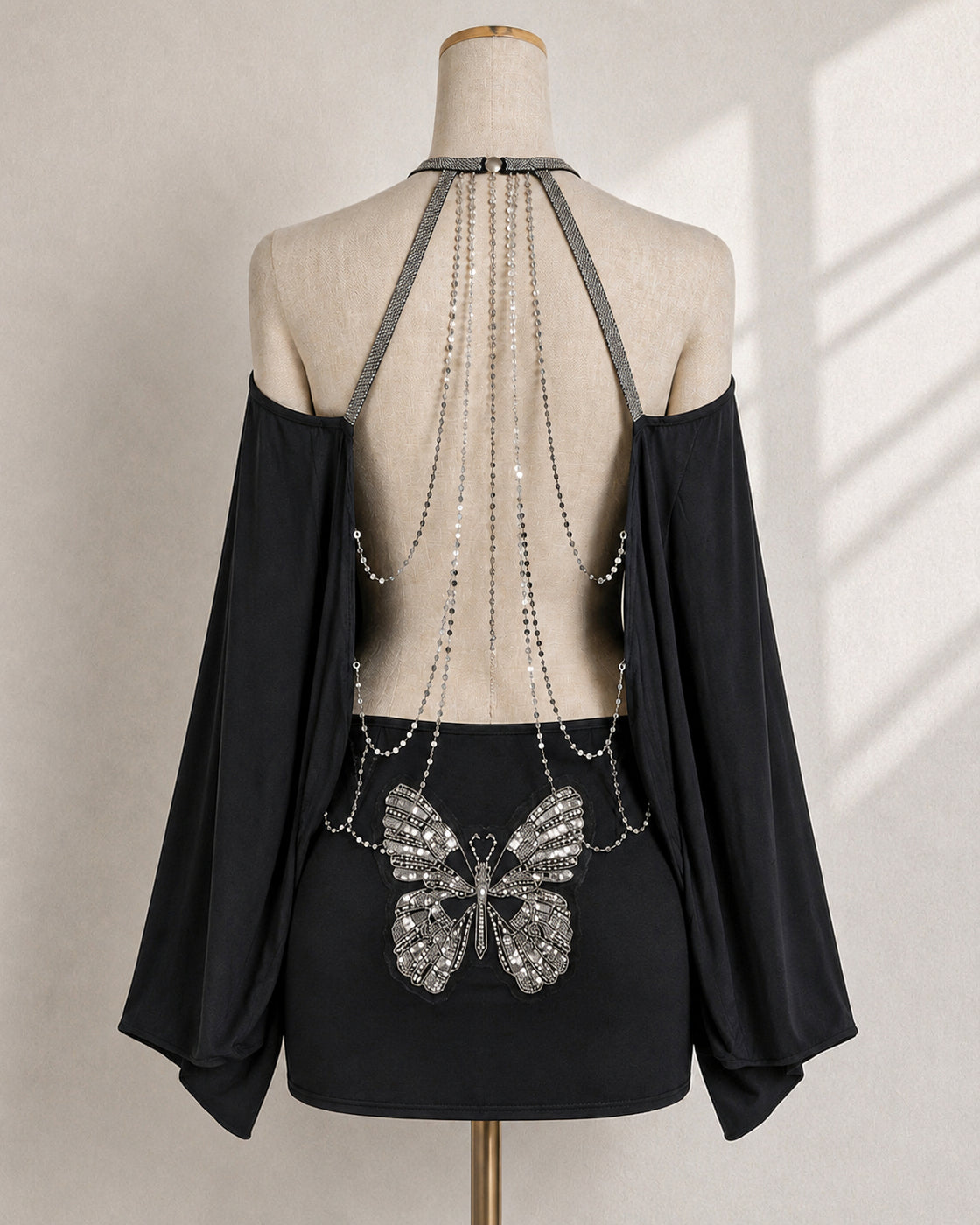 ICONS ONLY EMBELLISHED OPEN-BACK EMBROIDERED BLACK DRESS