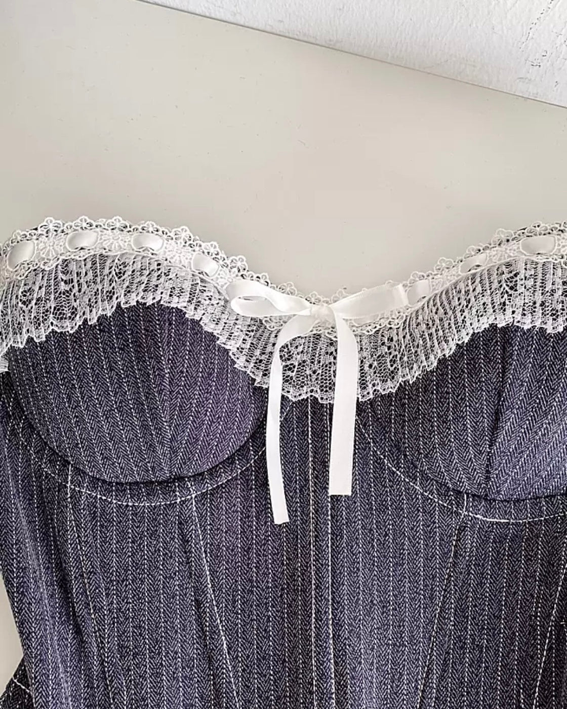 HOT TAKE PINSTRIPE LACEY INDIGO CORSET