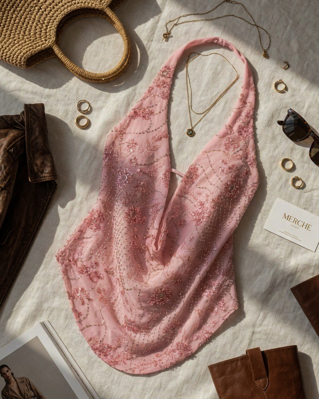 COSMIC DANCE EMBROIDERED SOFT PINK HALTERNECK TOP