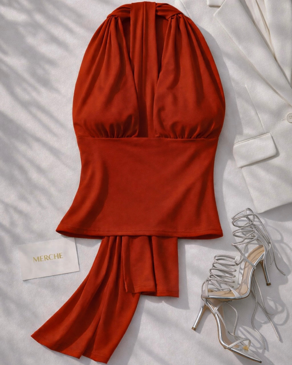 PAST LIFE DRAPE LUXE RED HALTERNECK TOP