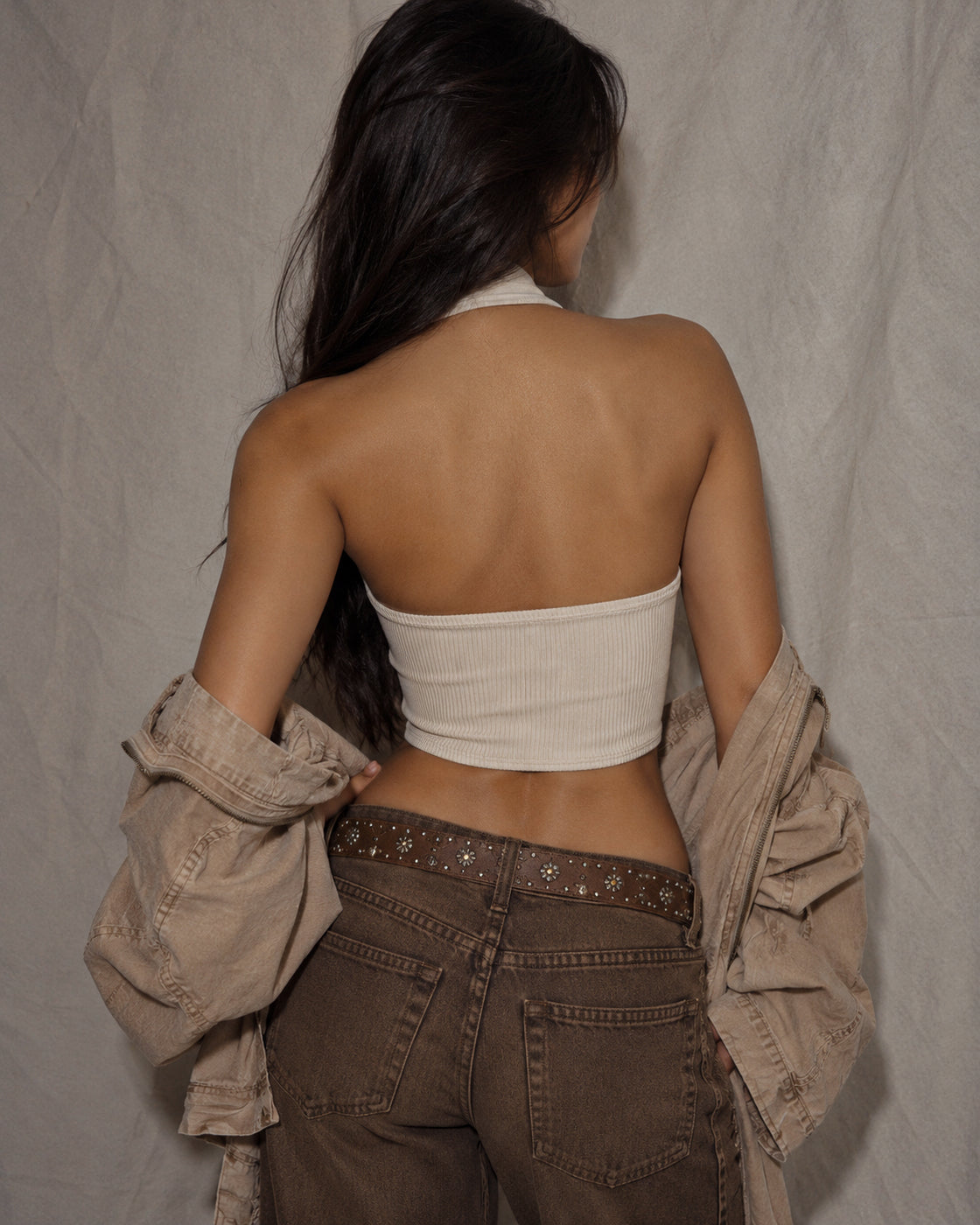 MATERIAL GIRL IVORY RIBBED BOW HALTERNECK TOP