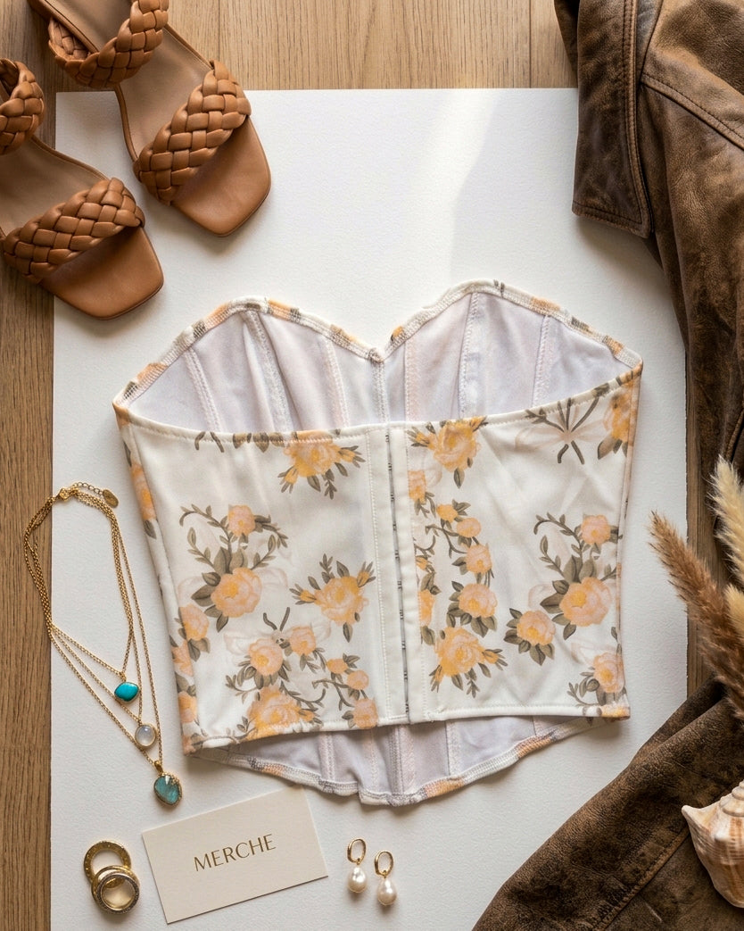 COFFEE OR COCKTAILS BONING DETAIL FLORAL CORSET