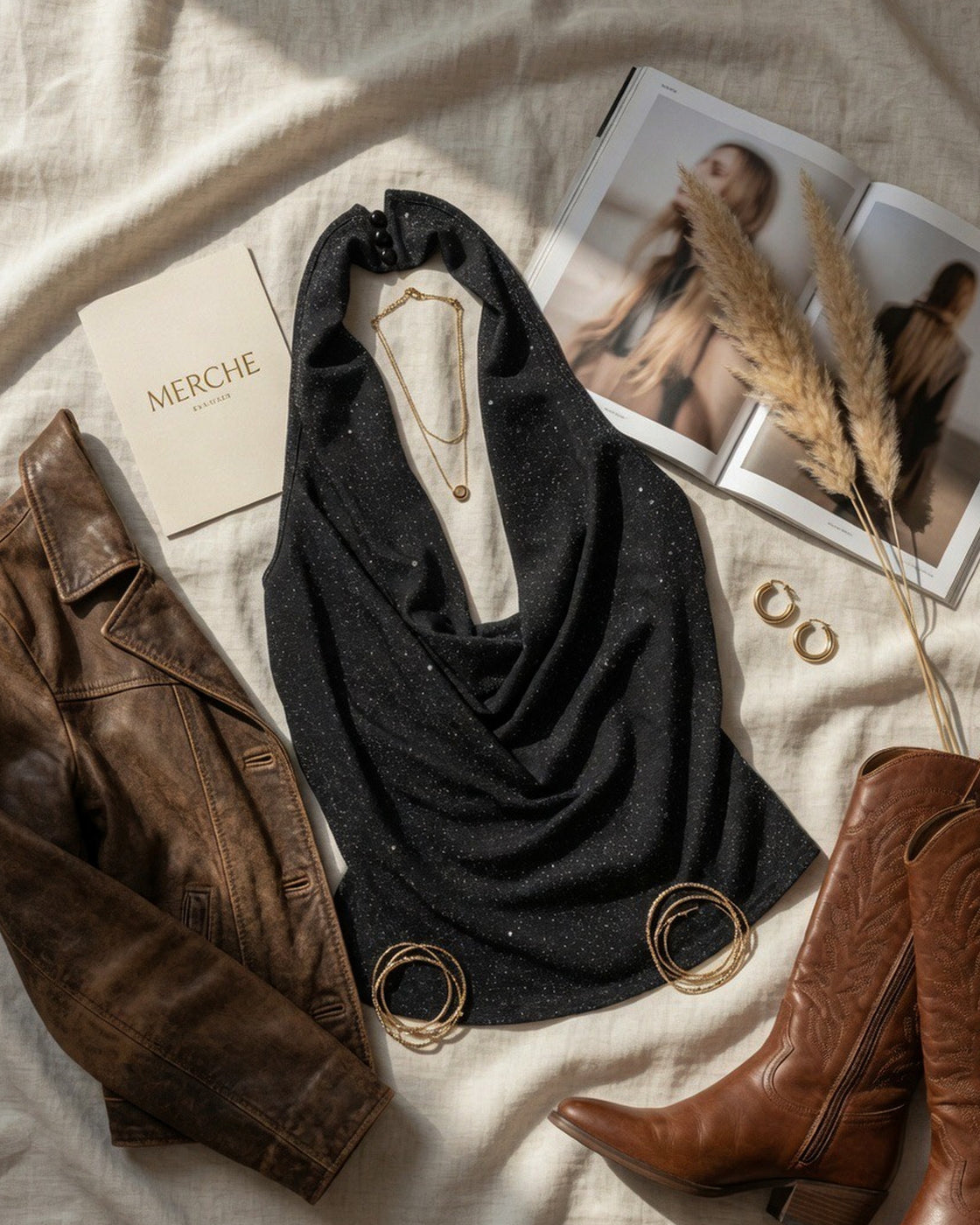FAKE IT TILL SHIMMER COWL HALTERNECK BLACK TOP