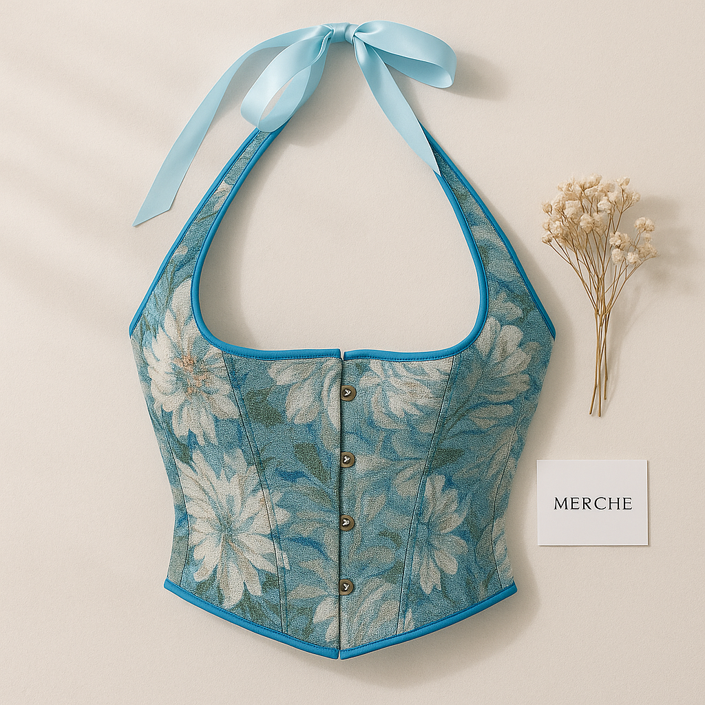 SCANDAL ERA BLUE FLORAL JACQUARD CORSETRY HALTERNECK TOP