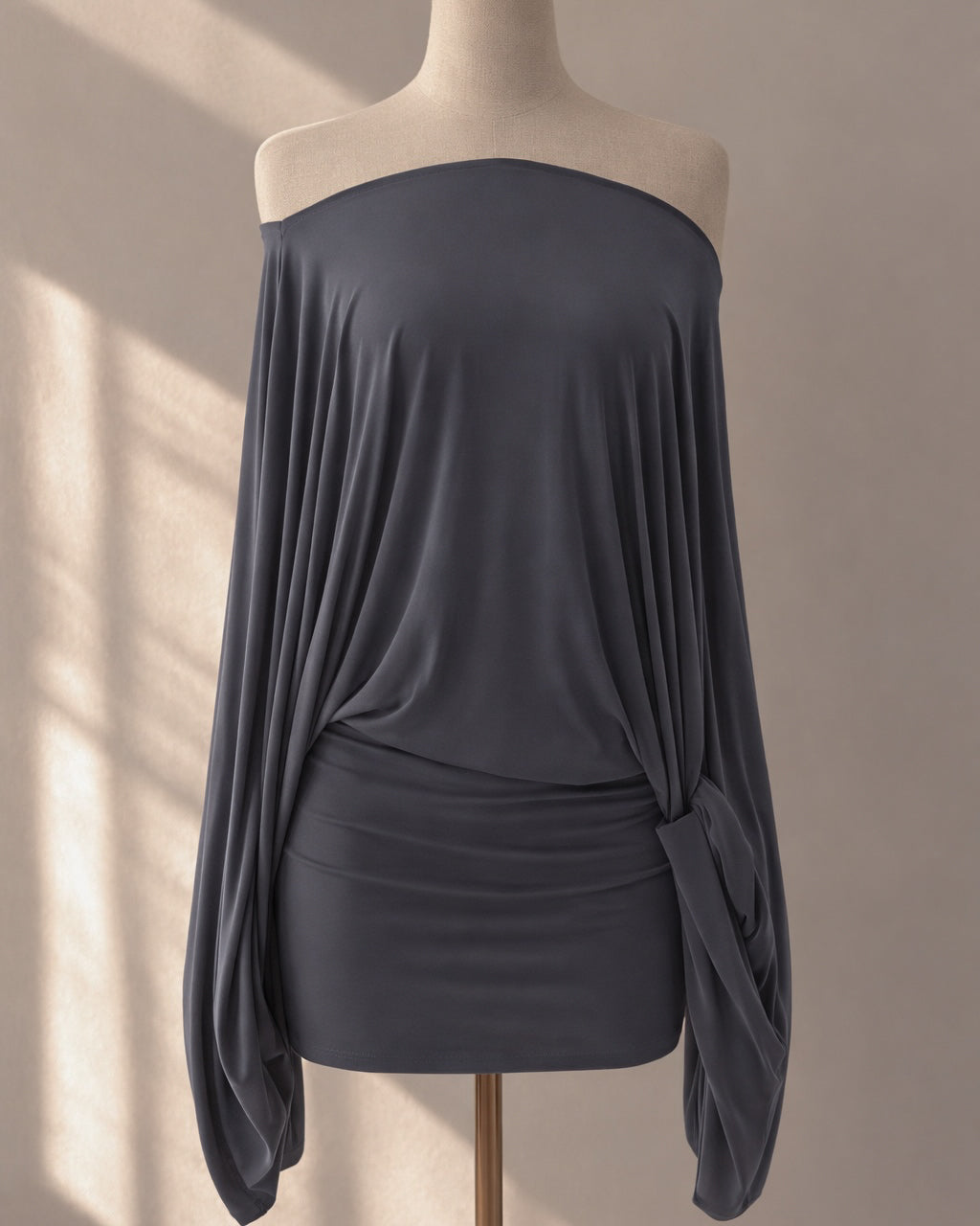 RUINED BARS GREY DRAPED OFF-SHOULDER DRESS