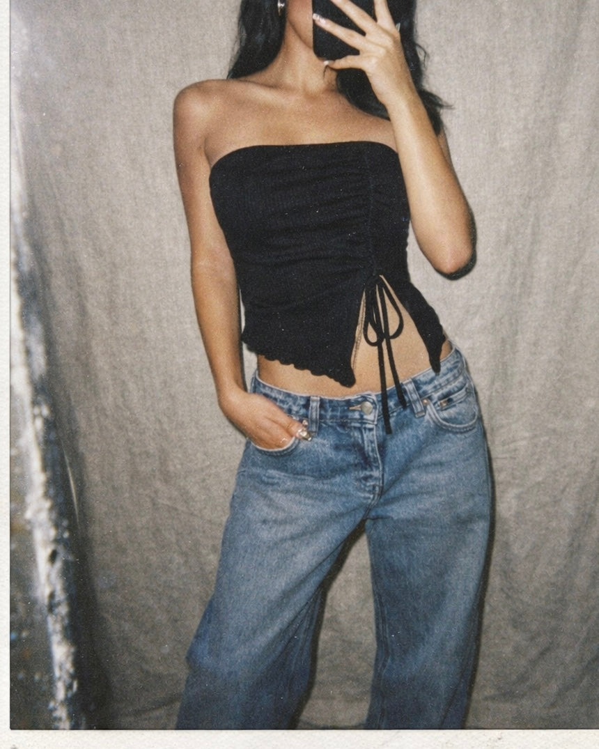 URBAN PRINCESS BLACK DRAWSTRING BANDEAU TOP