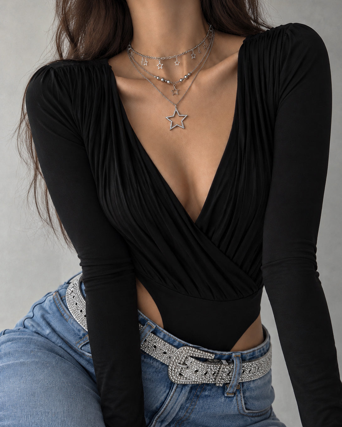 MAMA MIA PADDED POWER SHOULDER BLACK BODYSUIT