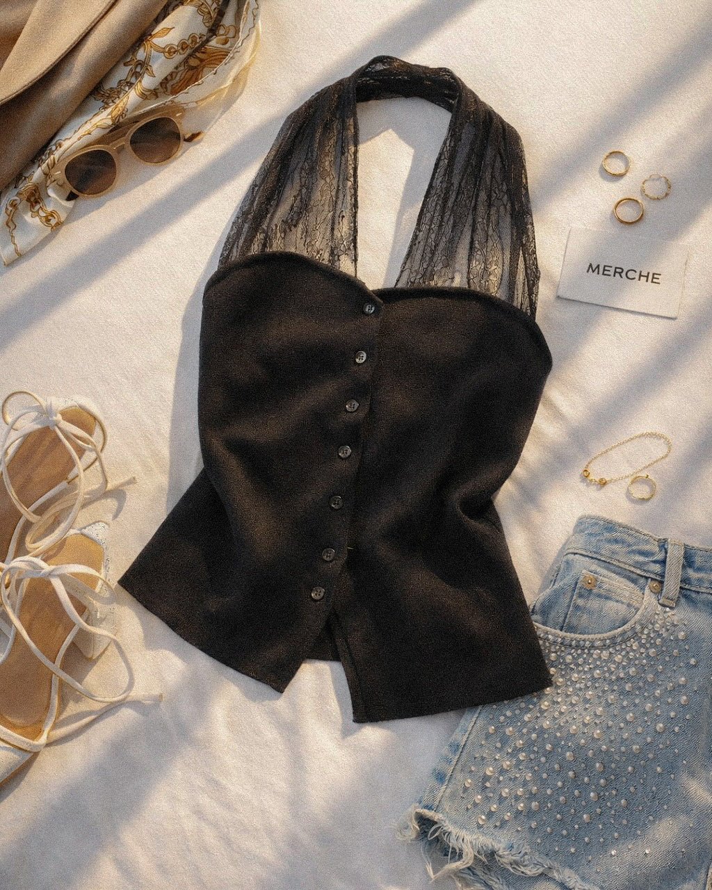 HIDDEN AGENDA LACE DETAIL KNITTED LUXE HALTERNECK BLACK TOP