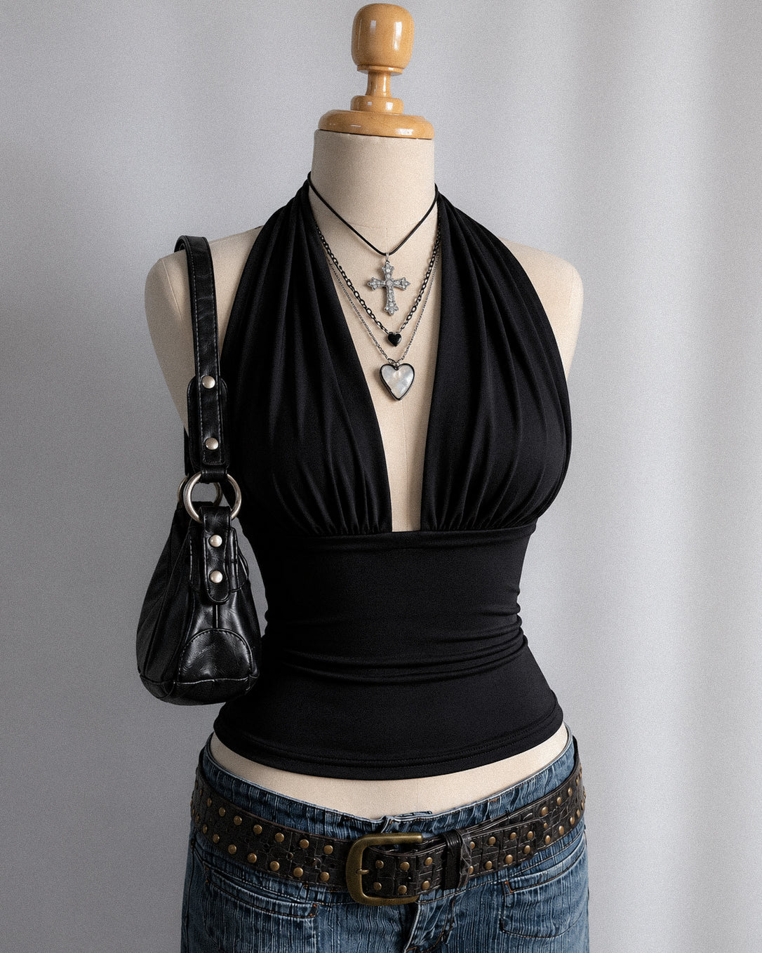 PAST LIFE LONG STRAPS MASSIVE BOW BLACK HALTERNECK TOP