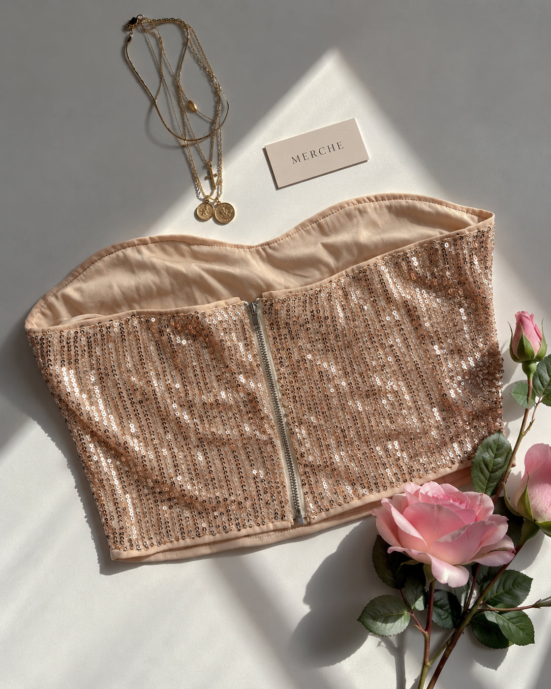 ALWAYS A SHOWOFF SEQUIN DRAPE BANDEAU TOP