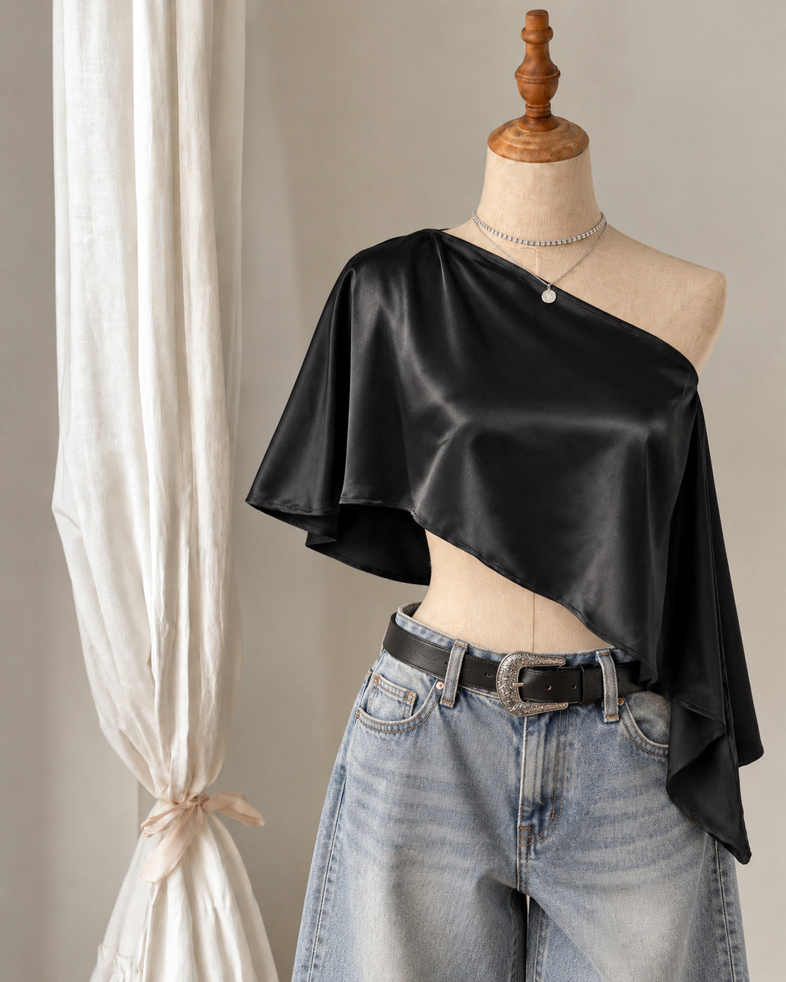 DRAPE ASSIGNMENT LUXE SATIN OFF-SHOULDER CAPE TOP