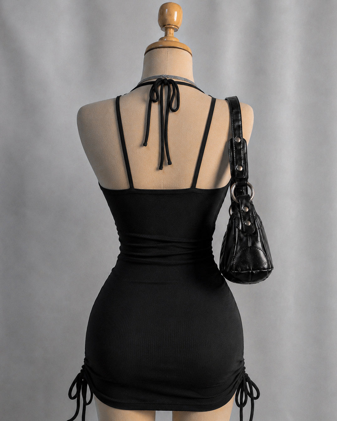 LOOKS COULD KILL RIBBED BLACK DRAWSTRING DRESS