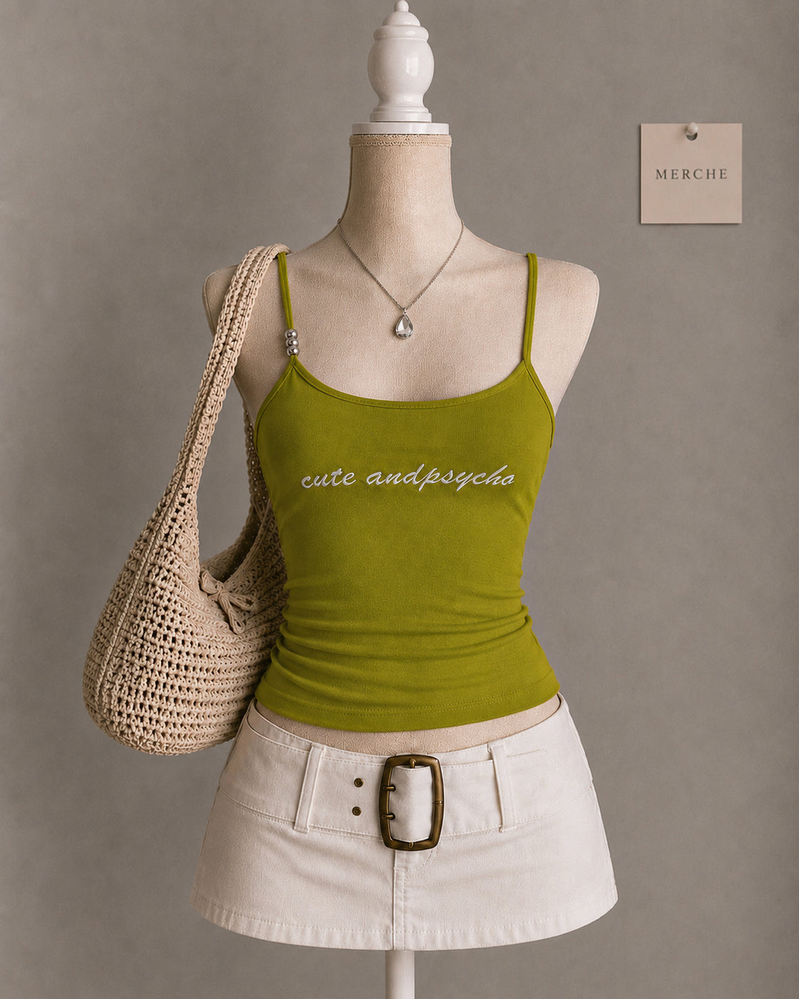 CUTE AND PSYCHO SLOGAN EMBROIDERED LIME GREEN CAMI TOP