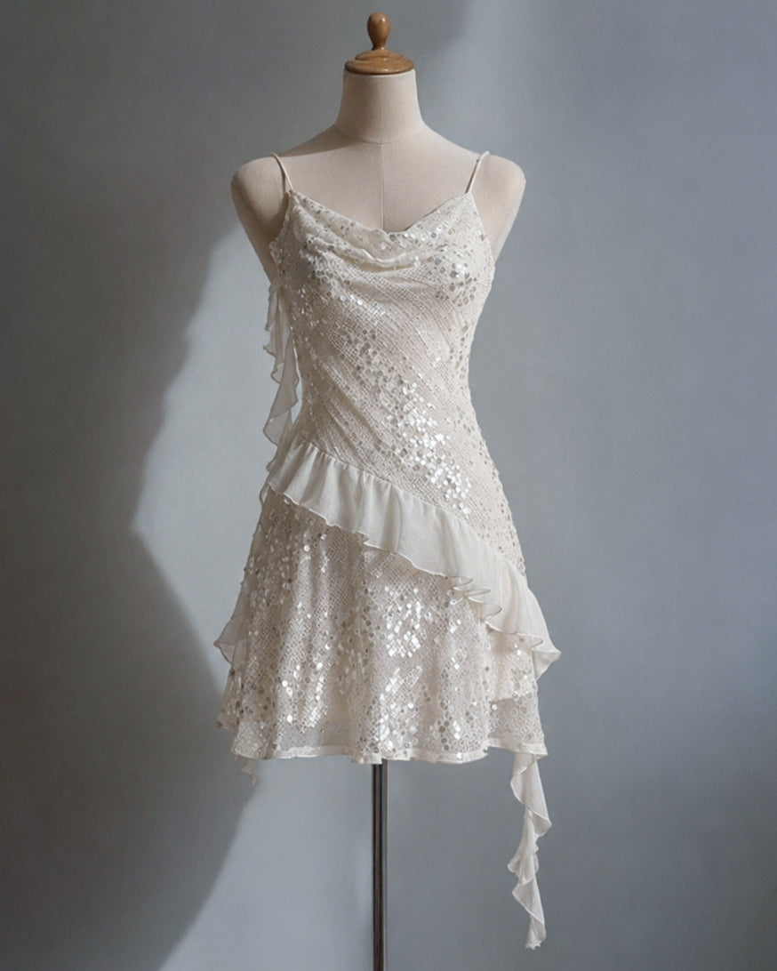 CALL US NOMADS GLITTER EMBELLISHED RUFFLE WHITE DRESS