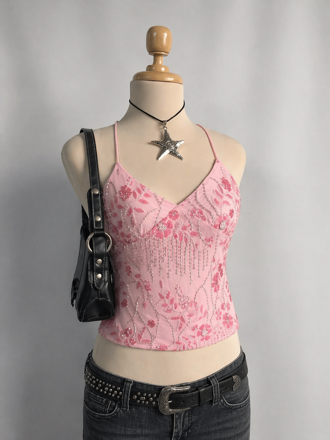 SHOTS ON ME EMBROIDERED BALLET PINK CROSSBACK TOP