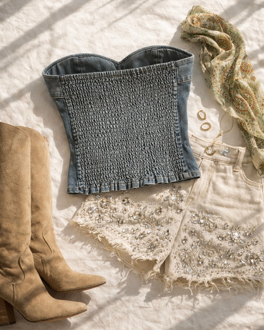 CINEMATIC TRIP PADDED BLUE DENIM BANDEAU TOP