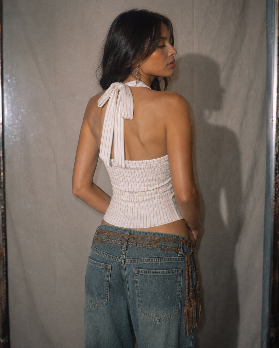 COMMITMENT ISSUES STRIPED BOW HALTERNECK TOP