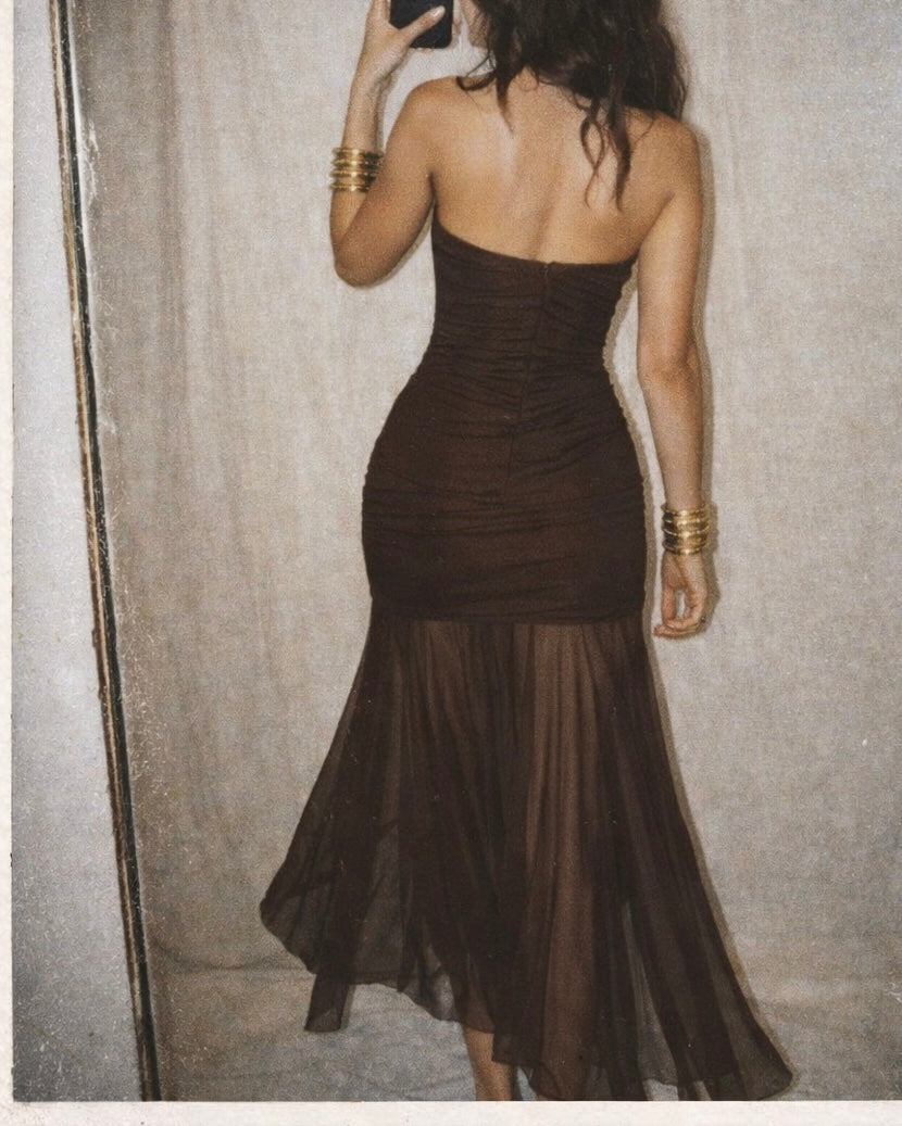 CHATEAU QUEEN MESH FLARE LUXE BROWN DRESS