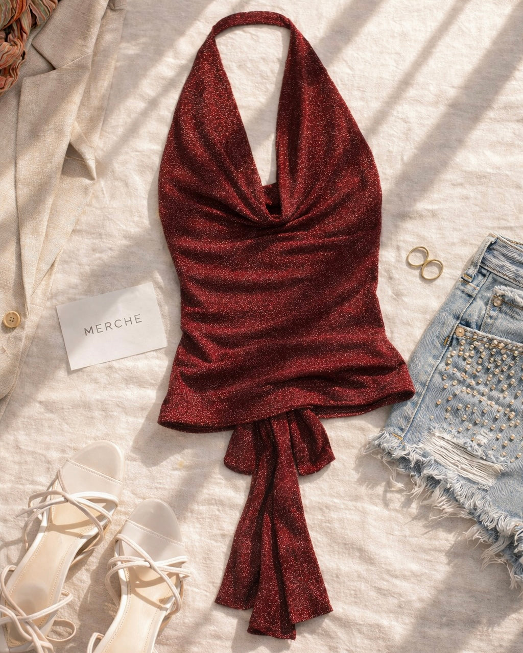 LALA LAND SHIMMER BOW-BACK COWL MAROON HALTERNECK TOP