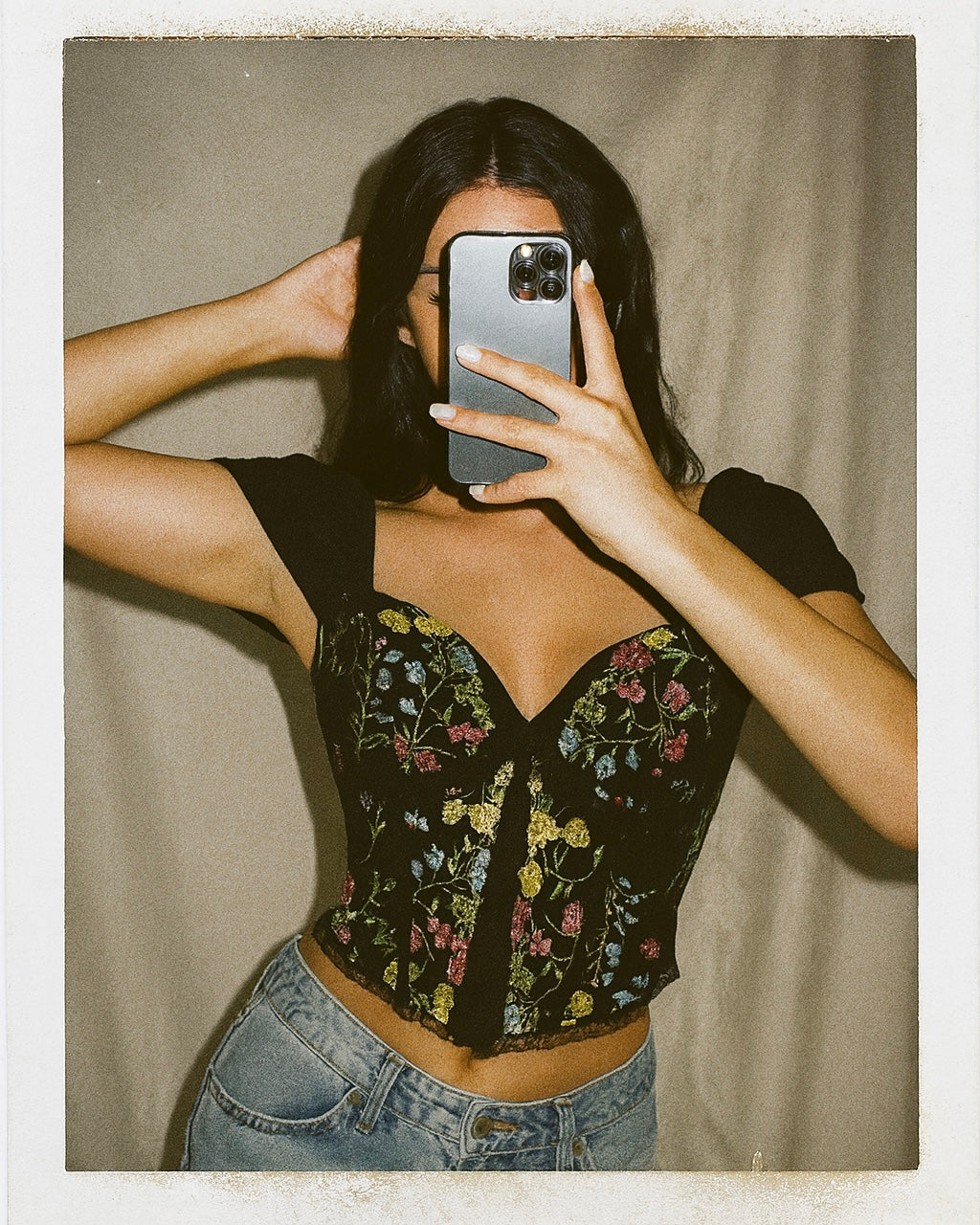 MORE MASCARA EMBROIDERED BLACK PADDED TOP