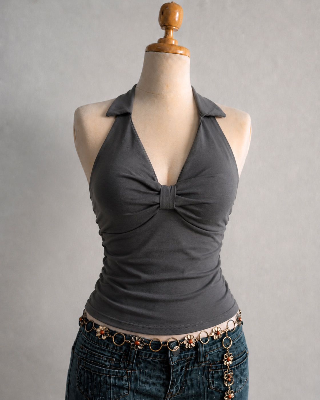 NOT YOUR MATCHA PADDED CROSSBACK COLLARED GREY TOP
