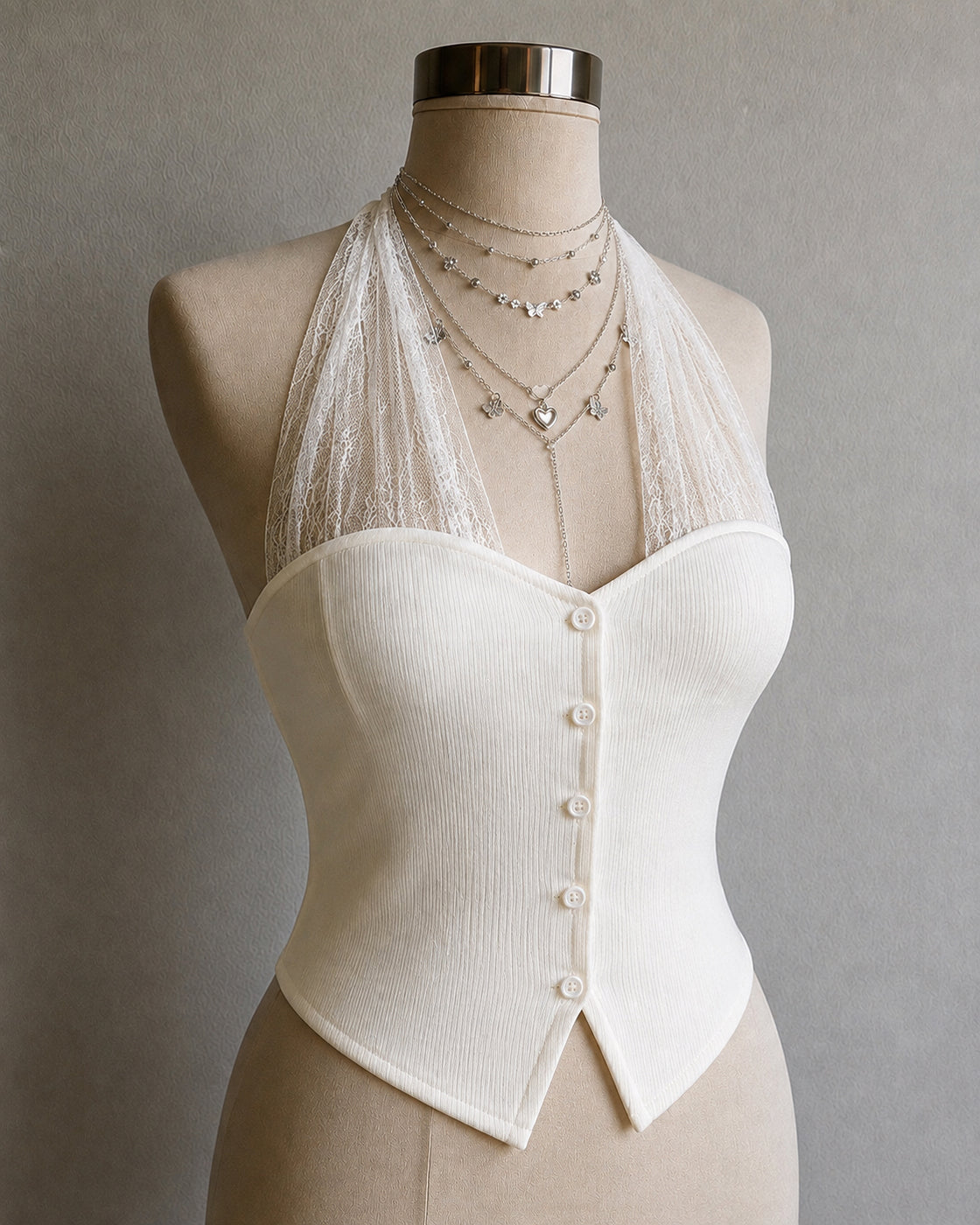 HIDDEN AGENDA LACE DETAIL KNITTED LUXE HALTERNECK WHITE TOP