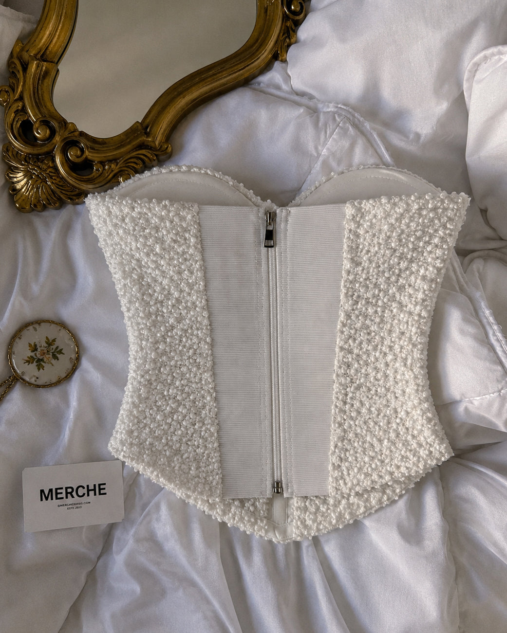 BLESS MY WARDROBE SEQUIN EMBELLISHED PADDED WHITE CORSET