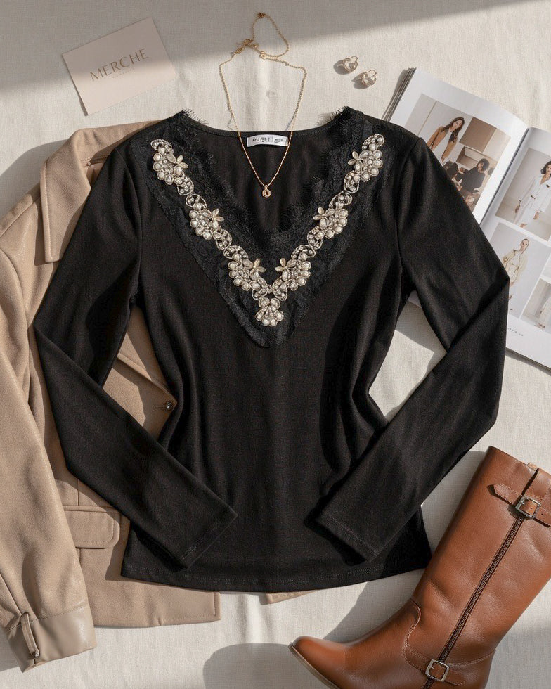 FROM A ROMCOM RHINESTONE EMBELLISHED BLACK LUXE TOP