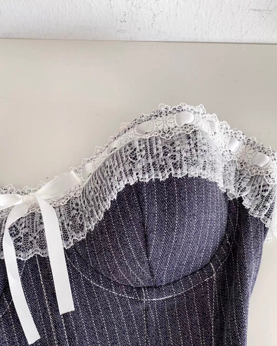 HOT TAKE PINSTRIPE LACEY INDIGO CORSET
