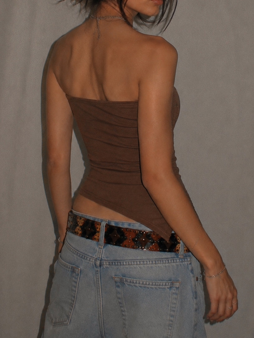 SECRETS OUT ASYMMETRICAL EMBROIDERED BANDEAU TOP