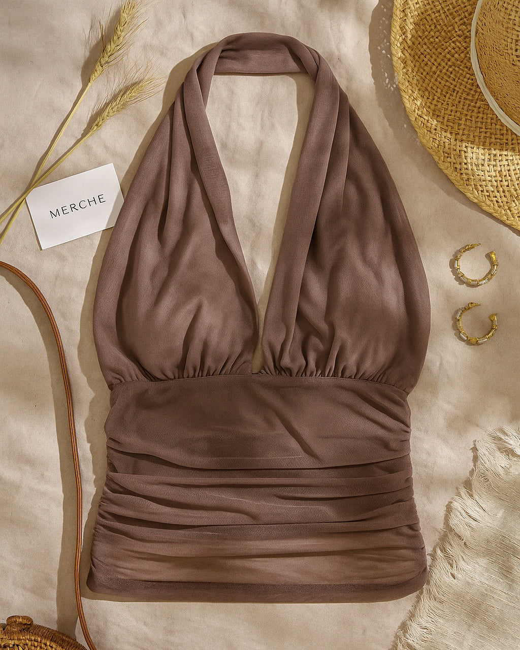 TOAST TO ME MESH DETAIL BROWN HALTERNECK TOP