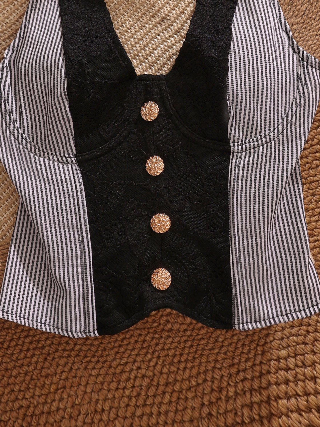 FAN CLUB LACE AND STRIPES CORSETED HALTERNECK TOP