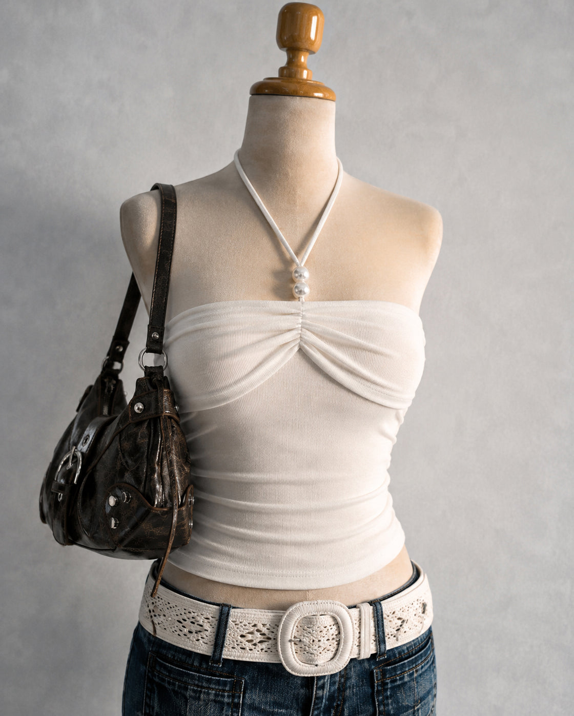PRIVATE BEACH KNITTED PEARL HALTERNECK TOP