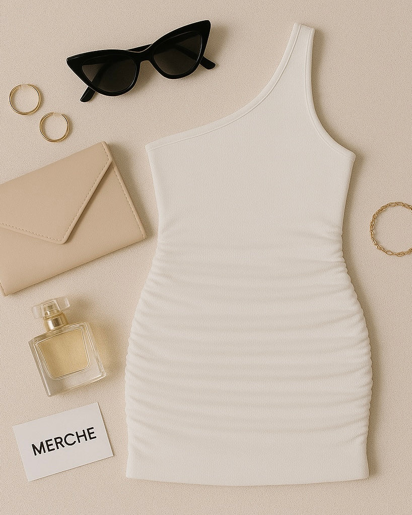 WHO IS SHE ONE-SHOULDER RUCHED MINI DRESS