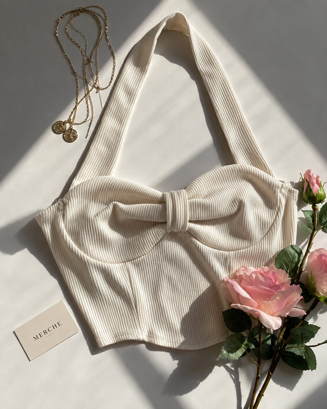 MATERIAL GIRL IVORY RIBBED BOW HALTERNECK TOP