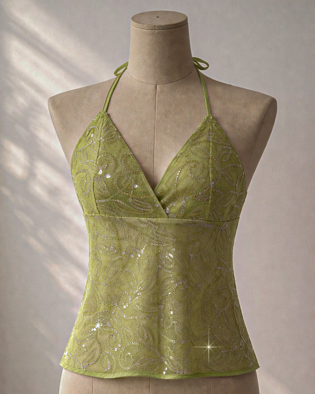 FLIP PHONE NEEDED SEQUIN EMBELLISHED GREEN HALTERNECK TOP