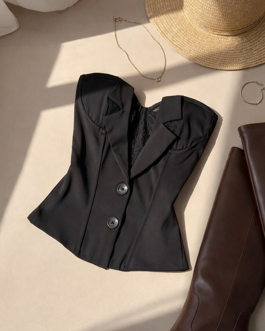 CALL THE SHOTS BLAZER INSPIRED LAPEL BLACK CORSET