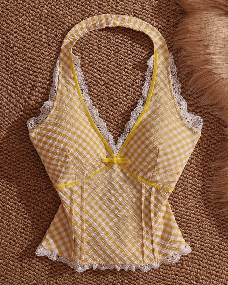 BEIGE NINETEEN BOW BACK CHECKS YELLOW HALTERNECK TOP