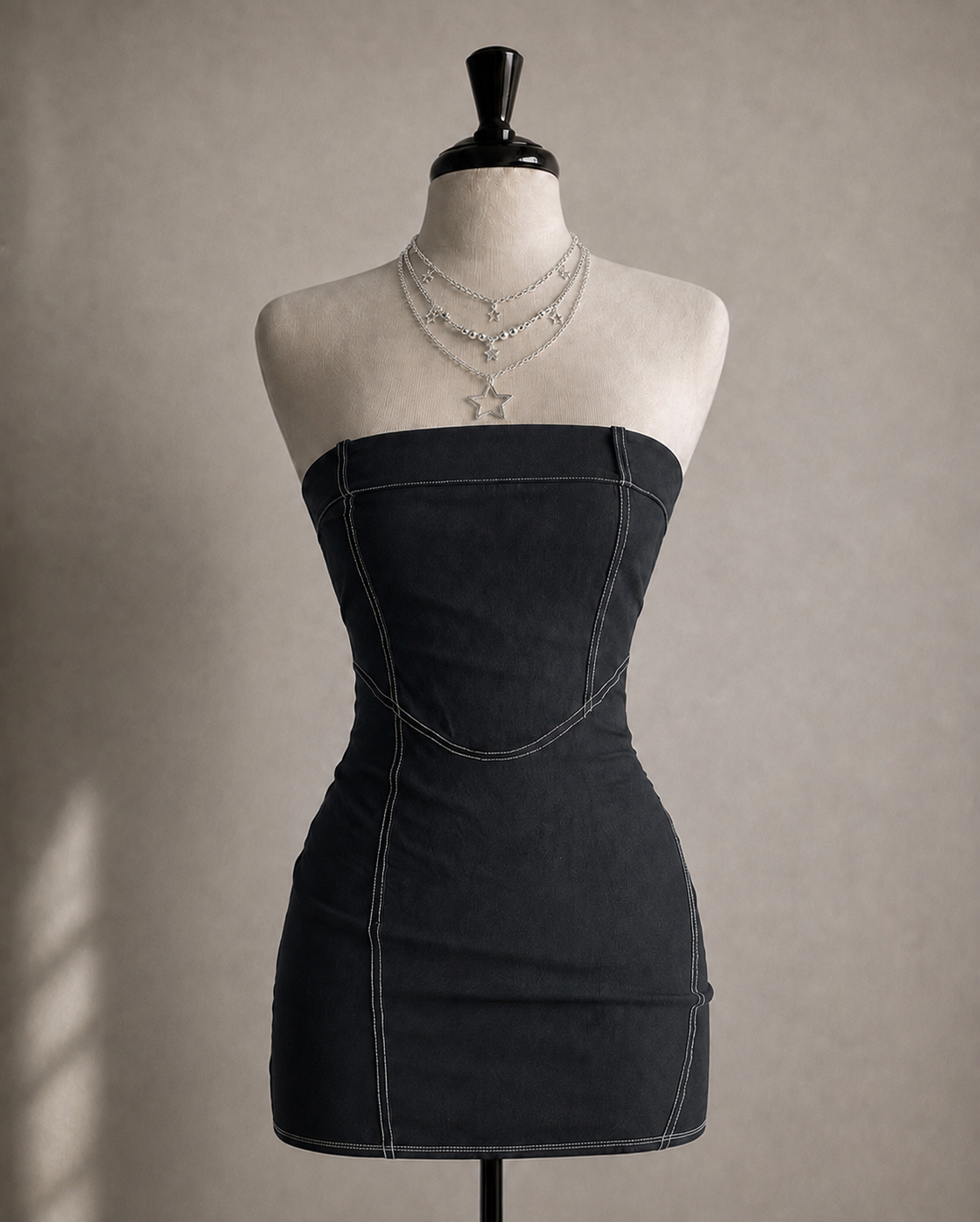 STRAIGHT FIRE FAUX DENIM CONTRAST STITCH BANDEAU DRESS